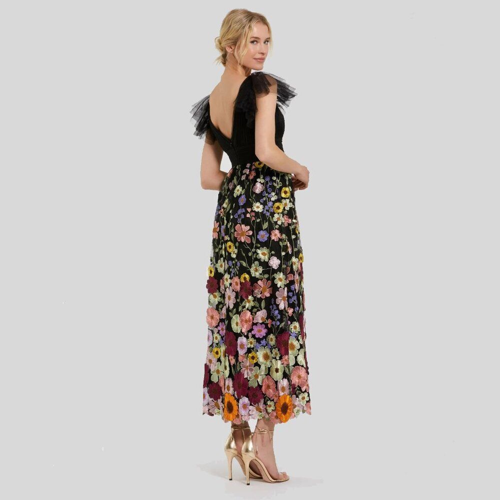 Mac Duggal 68204 Size 10 Black Floral Embroidered Ruched Flutter Sleeve Dress - Picture 4 of 4